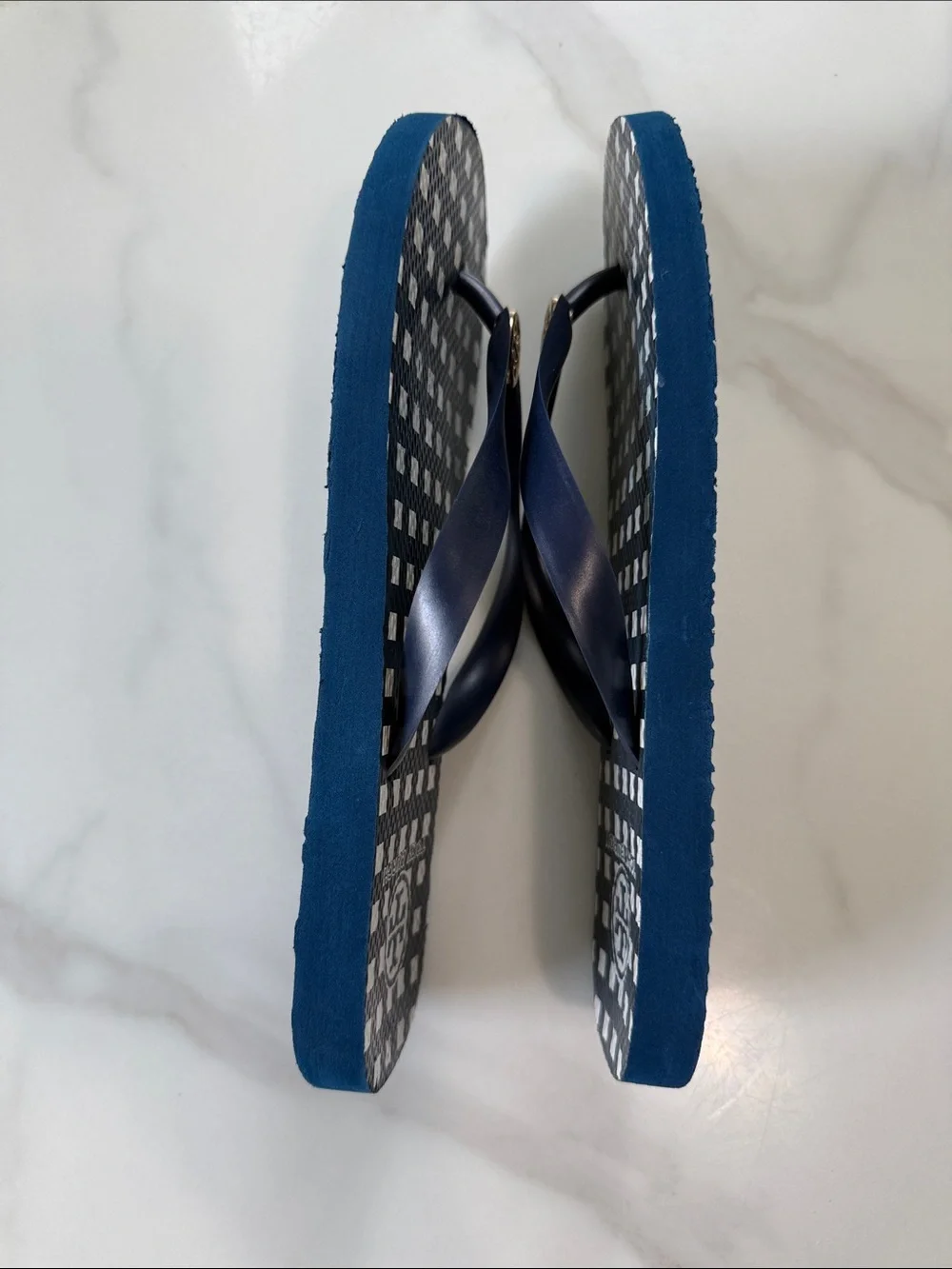 Tory Burch Kids Navy and White Check Flip Flops with Gold Logo